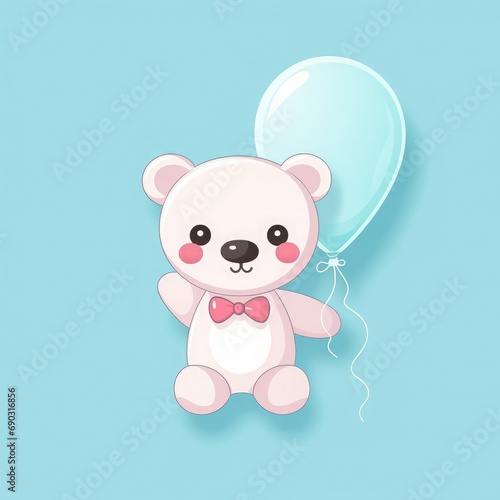 Sticker with die-cut in the form of a teddy bear with a balloon in his paw, kawaii color background