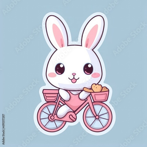 Sticker with die-cut in the form of a rabbit on a bicycle  kawaii color background  pastel colors