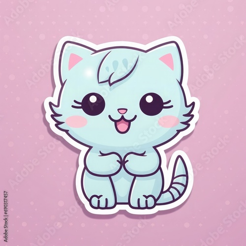 Sticker with die-cut in the form of a cat with a smile and a great tail, kawaii color background