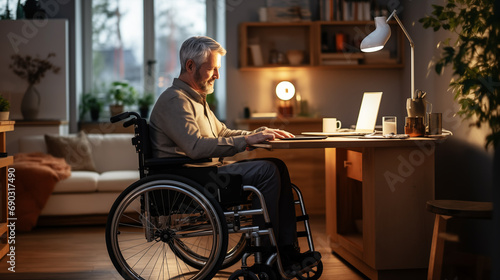 Disabled senior man on wheelchair customer support manager talking at virtual meeting consulting client on video call at home office