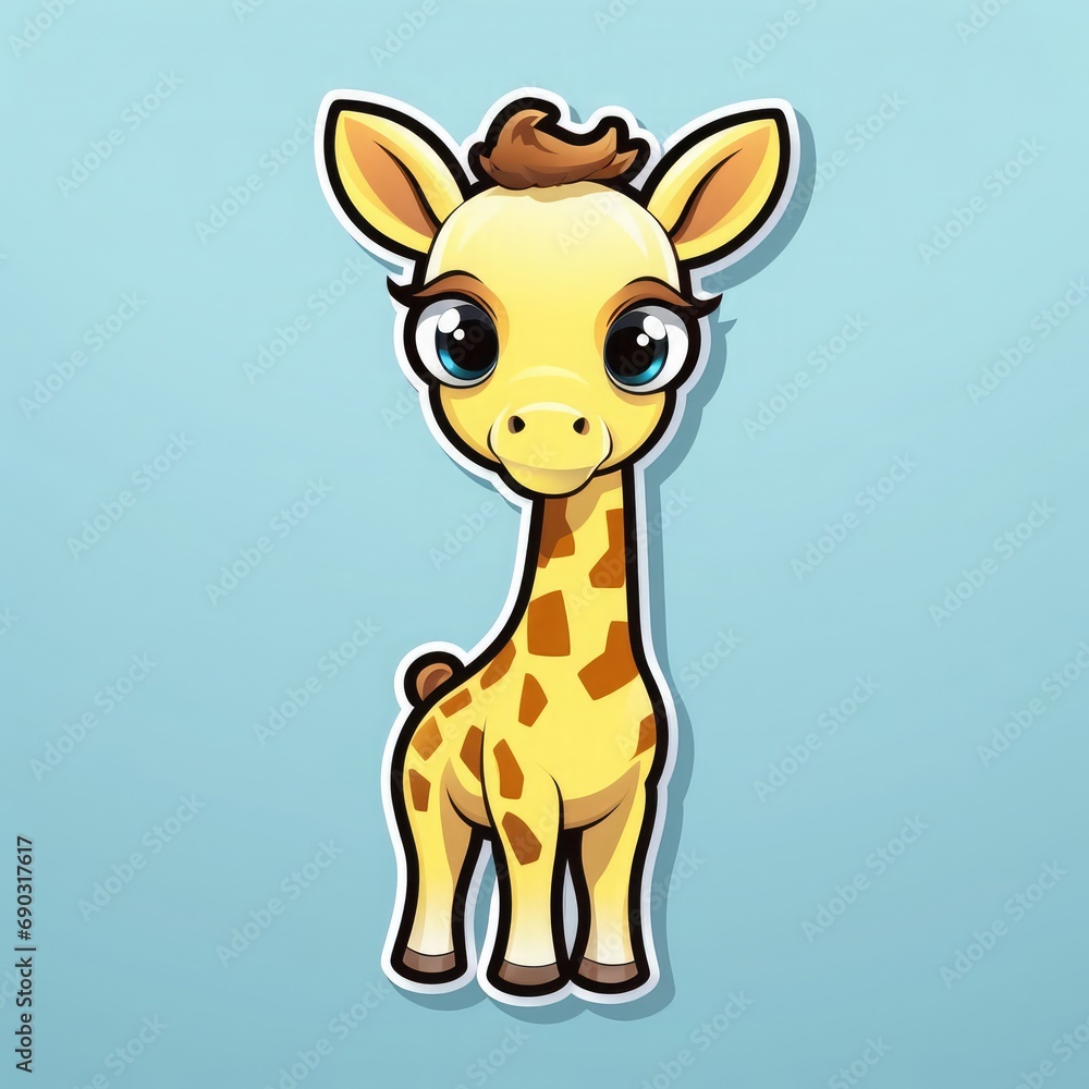 Sticker with die-cut in the form of a giraffe with ice cream, kawaii color background, pastel colors Sticker with die-cut in the form of a giraffe with ice cream, kawaii color background, pastel colors