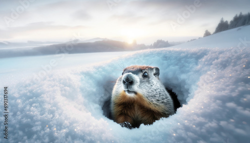 Groundhog emerges from snowy den. Groundhog Day celebration. photo