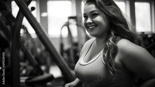 Happy fat woman wearing sports clothes exercising in the gym. Smiling beautiful fat woman training in the gym Healthy Life Coaching, Calories, Health Care, Diet and Weight Loss