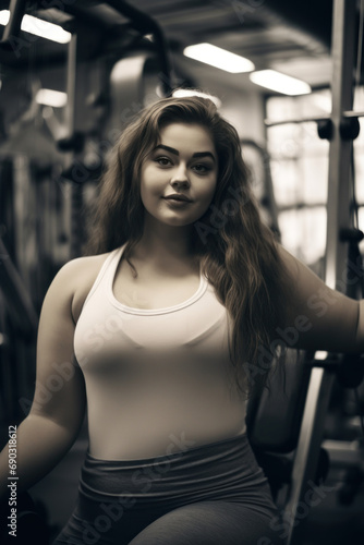 Happy fat woman wearing sports clothes exercising in the gym. Smiling beautiful fat woman training in the gym Healthy Life Coaching, Calories, Health Care, Diet and Weight Loss