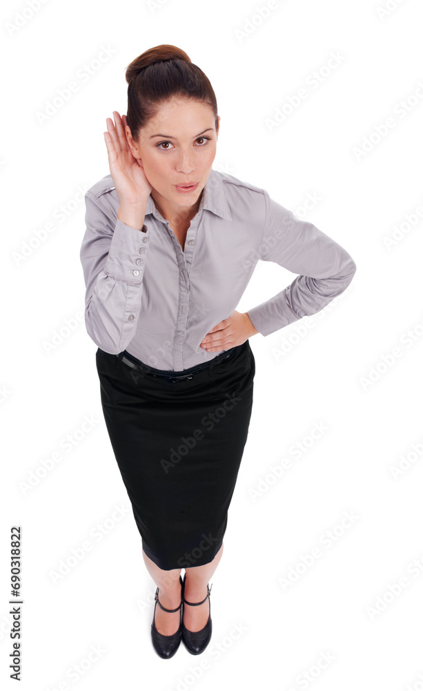 Gossip, deaf and portrait of business woman on white background to hear news, information and whisper. Corporate, worker and isolated person with hand gesture for secret, rumor or listening in studio Gossip, deaf and portrait of business woman on white background to hear news, information and whisper. Corporate, worker and isolated person with hand gesture for secret, rumor or listening in studio