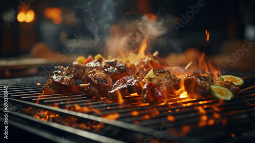 Delicious grilled pork or meat with vegetables on barbecue grill with smoke and flames in green grass, AI Generated