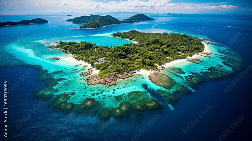 A breathtaking aerial view of a tropical archipelago, with emerald islands dotting the expansive ocean.