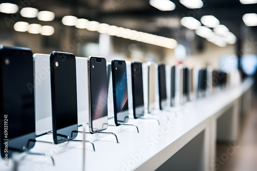 Various different mobile phones displayed inside modern electronics store photo