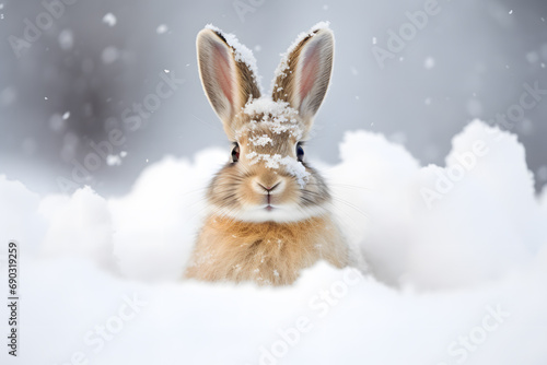 Small bunny sitting in snow in winter