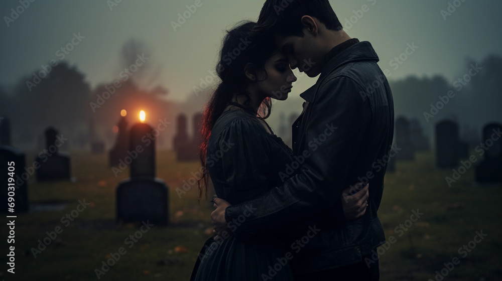 
Dark Gothic couple's portrait, embracing in a graveyard at dusk, dramatic sky