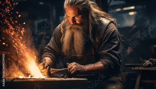A Skilled Craftsman Shaping Metal with Long Hair and a Beard