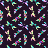 multi-colored dragonflies drawn in watercolors in digital processing, seamless pattern on a dark background for the design of wrapping paper, wallpaper, textiles