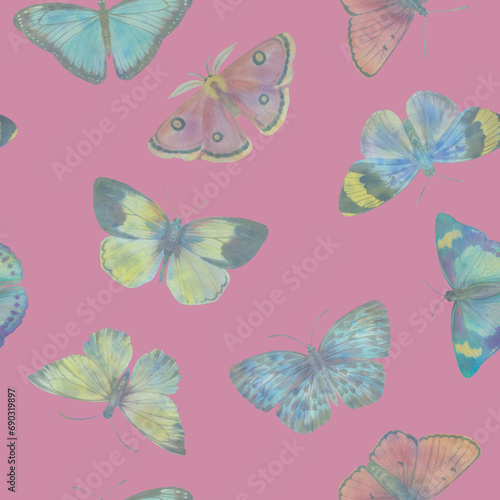 watercolor seamless pattern, colorful butterflies hand drawn illustration on red background © Sergei