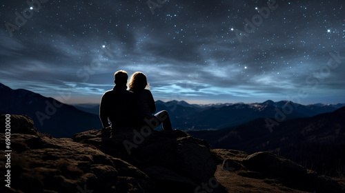 Starlit mountain gaze, couple under the cosmos, clear night sky, Milky Way backdrop
