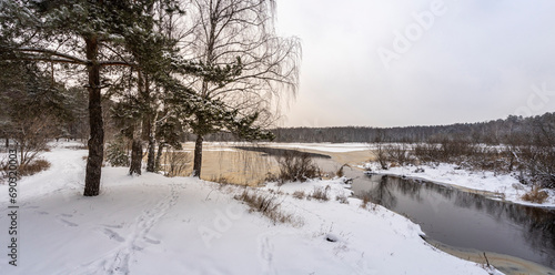 Winter landscape, first snow on the river. Pine and birch trees in the foreground. © Sergei