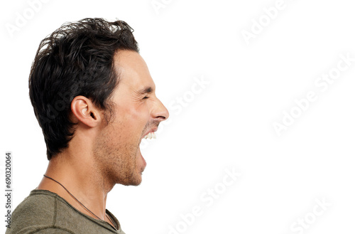Profile, anger and screaming with man, stress and expression isolated on white studio background. Person, guy and model with depression, mockup space and shouting with emotions, crisis and frustrated