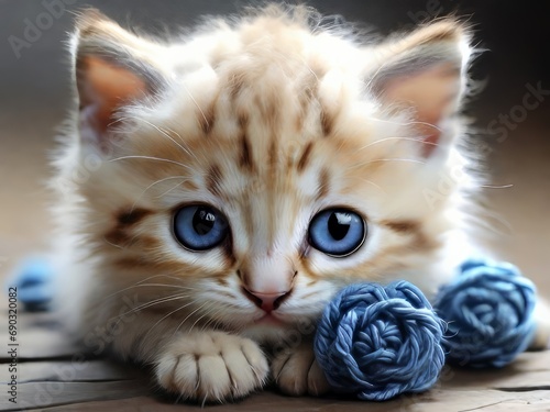 gato de ojos azules con ovillos de lana azules photo