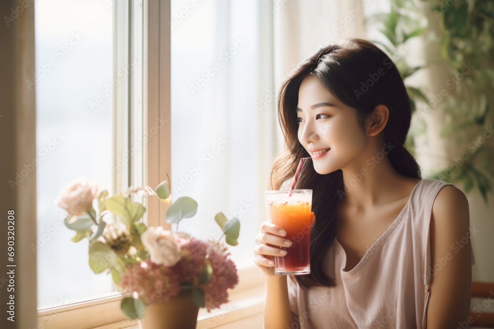 Young healthy Asian woman enjoying a fresh fruit smoothie at home. Radiates happiness and vitality Young healthy Asian woman enjoying a fresh fruit smoothie at home. Radiates happiness and vitality