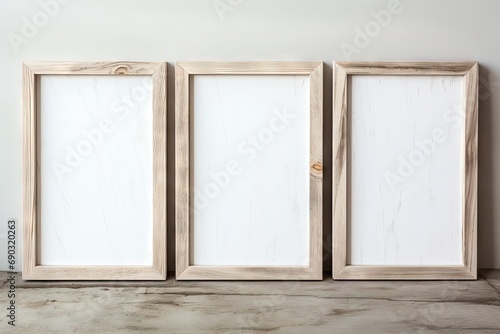 Three blank canvases on wooden frames leaning against a wall. Wallart Mockup Concept. Ideal for art, creativity, and DIY projects photo