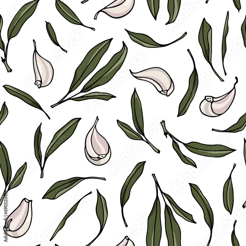Vector seamless pattern with hand drawn sage leaves and garlic cloves. Beautiful culinary design elements, ink drawing. Perfect for prints and patterns