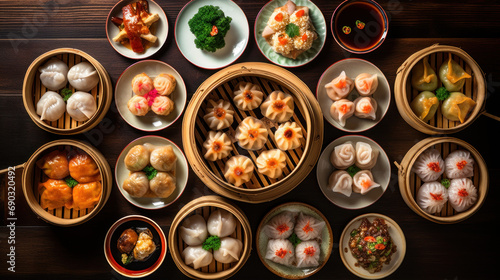 A dim sum is on Chinese tables and includes dumplings, steamed buns and other small dishes.