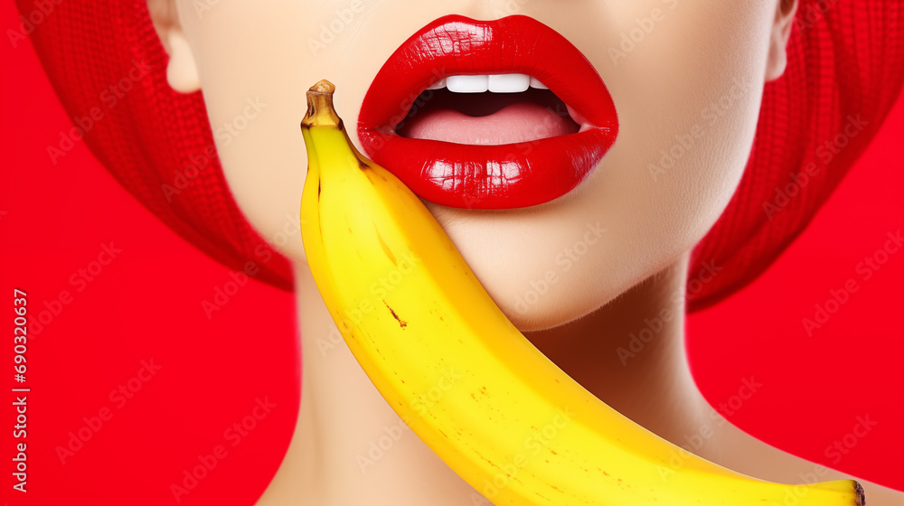 Seductive woman with red lips holding banana close to mouth - obrazy, fototapety, plakaty 