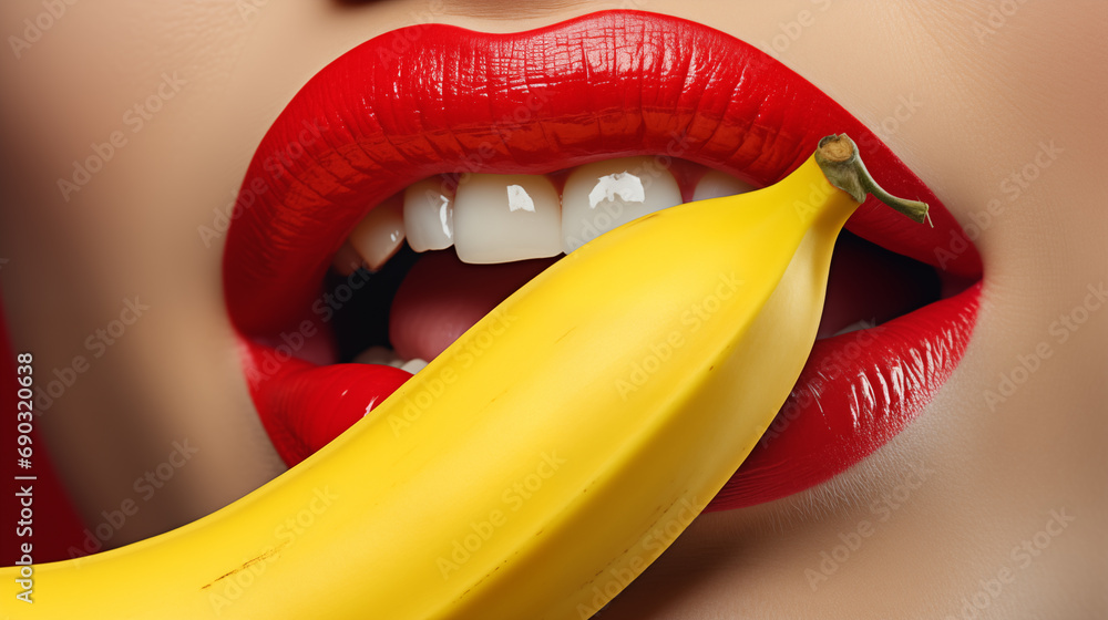 Sexy woman with red lips liking banana - obrazy, fototapety, plakaty 