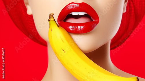 Seductive woman with red lips holding banana close to mouth photo