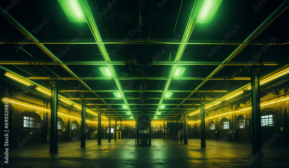 cinematic ceiling of a warehouse with green and yellow neon cinematic ceiling of a warehouse with green and yellow neon