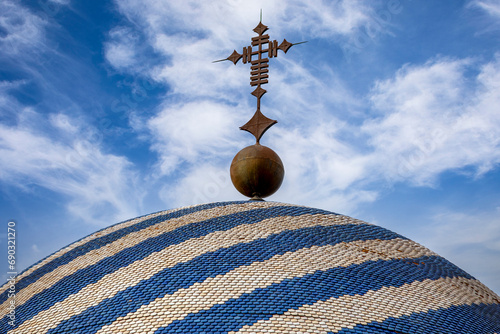 Detail of the beautiful and typical dome with blue and white stripes of the Basilica of the Purísima Concepcion in Yecla, Region of Murcia, Spain photo