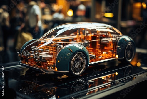 Experience the vibrant energy of automotive design as a parked land vehicle showcases its sleek wheels and factory-installed orange light at an auto show © familymedia