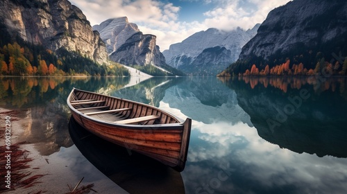 A close-up of a traditional wooden boat on Braies Lake, moored along the pristine shoreline.  photo