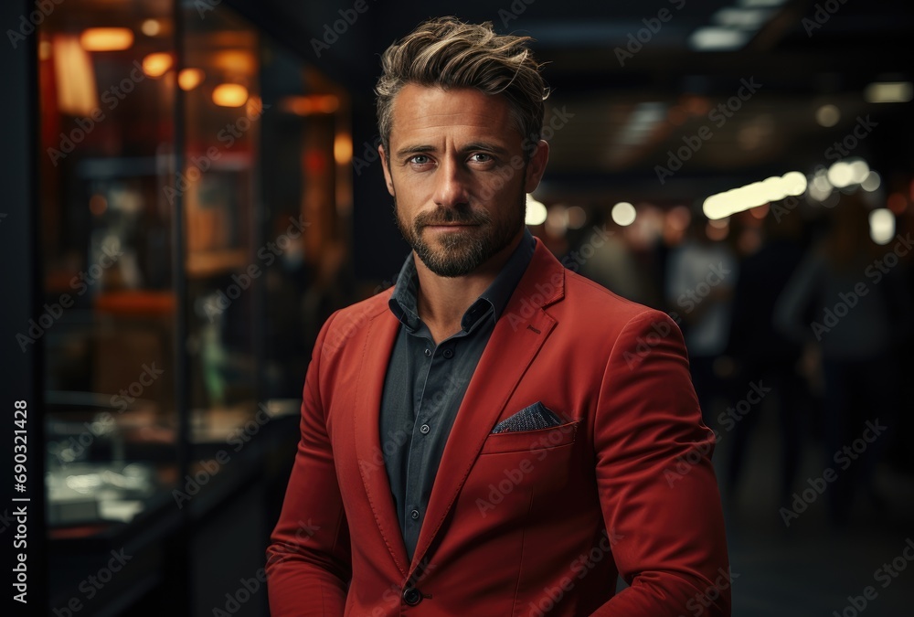 A dapper gentleman exudes confidence as he stands on the busy street, his red suit and beard adding a bold flair to his impeccable style - obrazy, fototapety, plakaty 