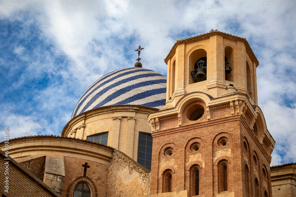 Detail of the tower and dome with blue and white stripes of the Basilica of the Purísima Concepcion in Yecla, Region of Murcia, Spain
