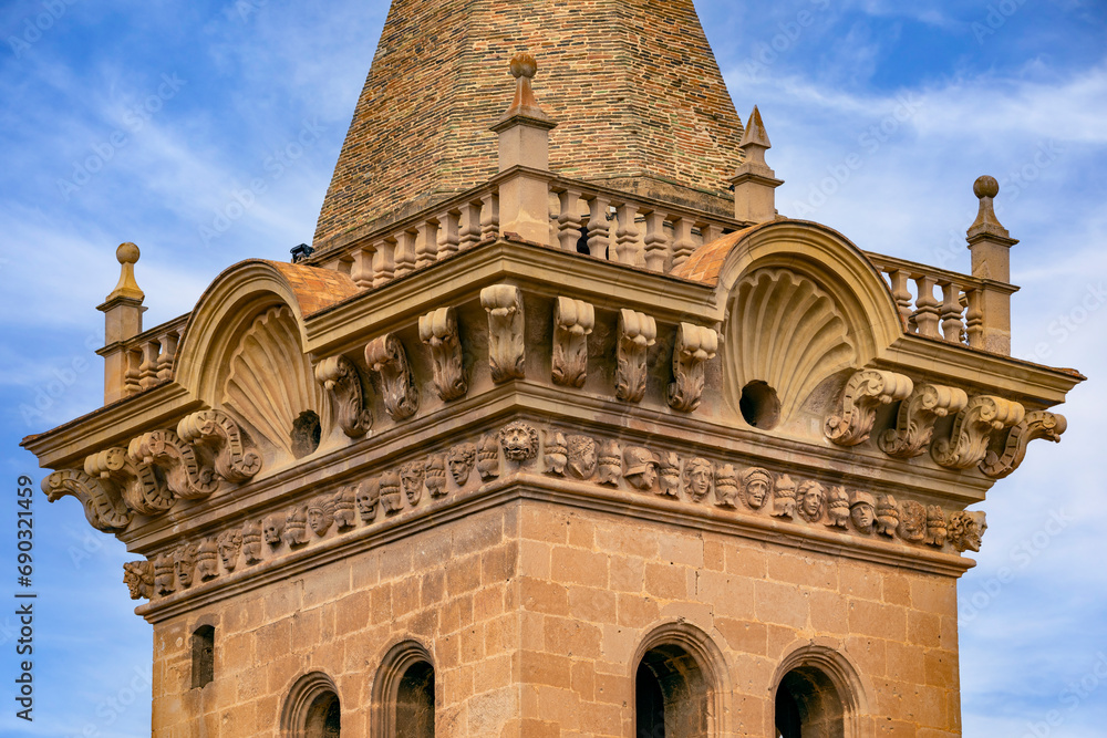 Fototapeta premium Detail of the tower of the Old Church of the Assumption of Yecla, Region of Murcia, Spain