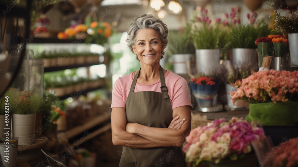 Obraz premium smiling, beautiful, older lady with an apron on and arms crossed in front of her flower business