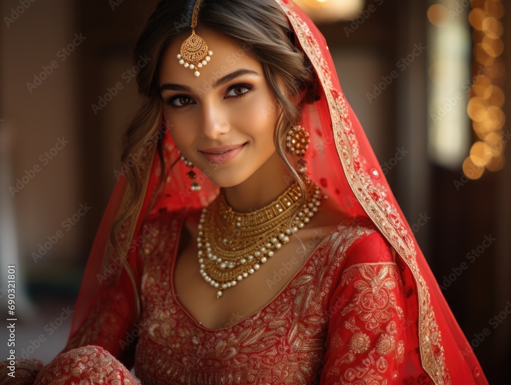 A beautiful girl in a red sari and gold jewelry