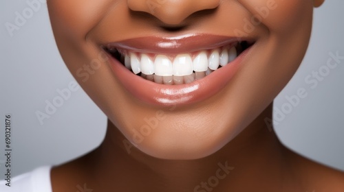  Young black woman with beautiful smile on grey background. Teeth whitening generative ai.