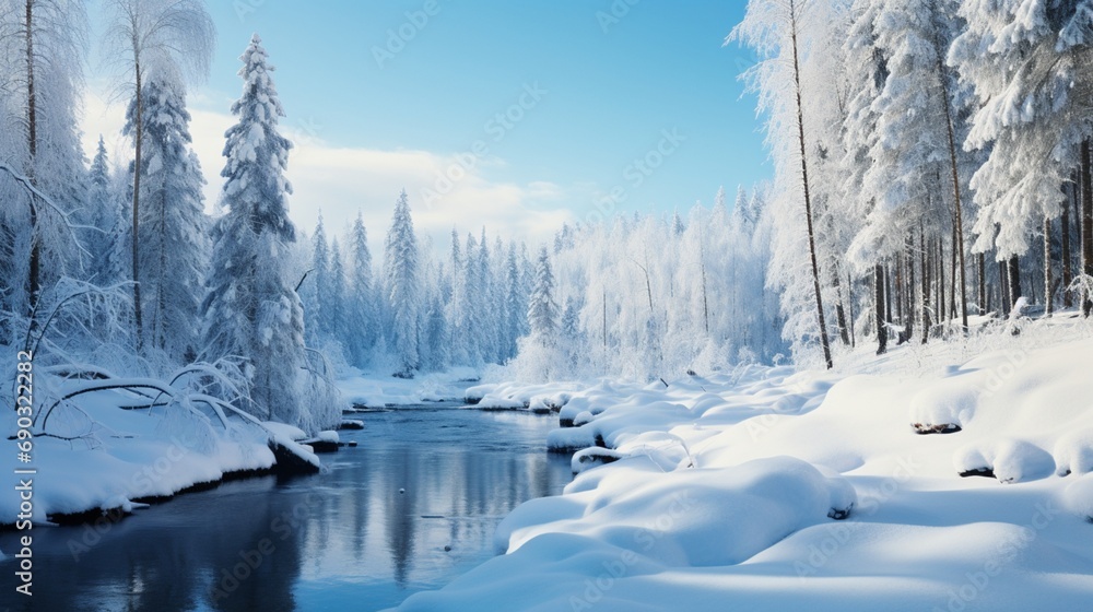 A frozen river winds its way through a pristine snow forest, reflecting the surrounding trees and the clear blue sky. 