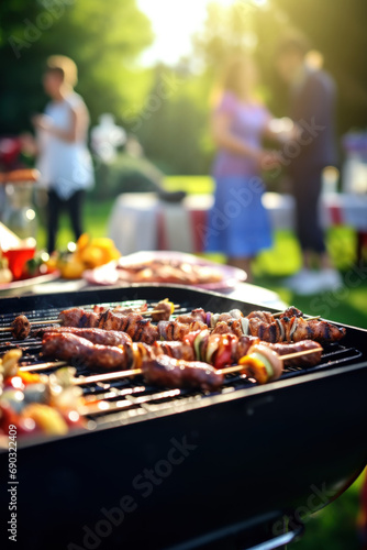 Close-up of the barbecue and in the background family group outdoor party Focus on grilling food in the park
