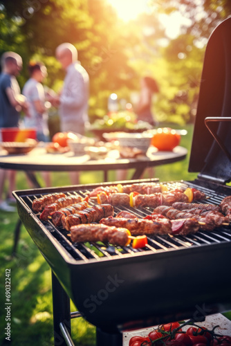 Close-up of the barbecue and in the background family group outdoor party Focus on grilling food in the park photo