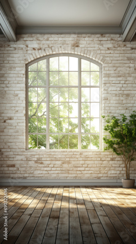 A window illuminates a room with a captivating view against a rustic brick wall  creating a serene and spacious ambiance