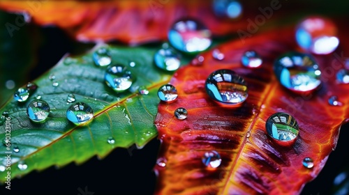 A macro shot of dewdrops on a leaf  capturing the intricate reflections.