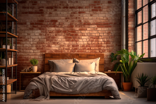 Contemporary industrial bedroom loft: Wooden bed against brick wall, embodying a blend of modern aesthetics and urban charm.