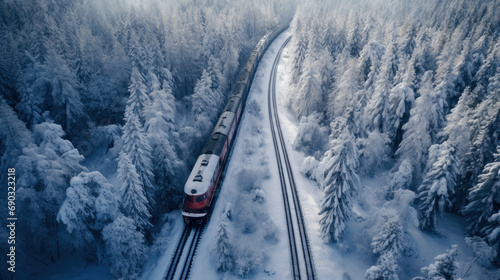 The train travels along the railway in the snowy winter forest © dwoow