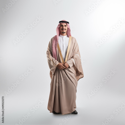 Full body photo of Saudi guy with wearing Saudi thobe