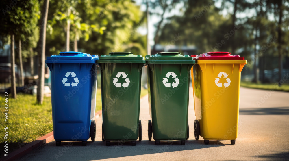 Recycling trash Yellow, green, blue and red where there is a recycling symbol in public places and waste management and recycling Recycling trash Yellow, green, blue and red where there is a recycling symbol in public places and waste management and recycling