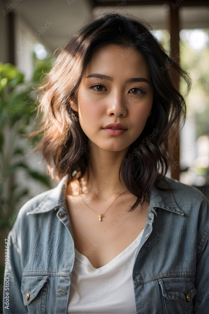 Young Asian Woman in Casual Clothes and White T-Shirt, Indoor Scene with Sunlight Filtering Through Young Asian Woman in Casual Clothes and White T-Shirt, Indoor Scene with Sunlight Filtering Through