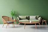 Modern living room in Scandinavian style: Elliptical coffee table beside a light green sofa, wicker chairs against a green wall, exuding chic simplicity.
