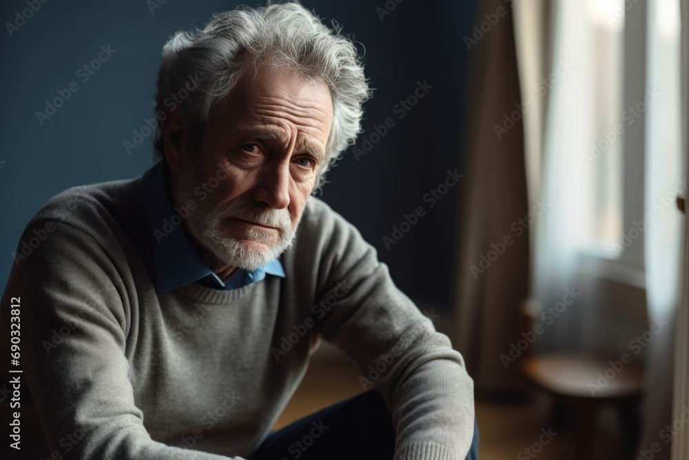 A depressed elderly man quarantined at home suffers from loneliness. A depressed elderly man quarantined at home suffers from loneliness.